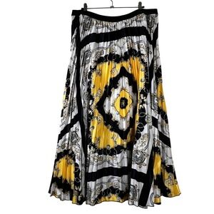 Windsor Baroque Print Pleated Maxi Skirt Yellow Black White 3X Regency Chic